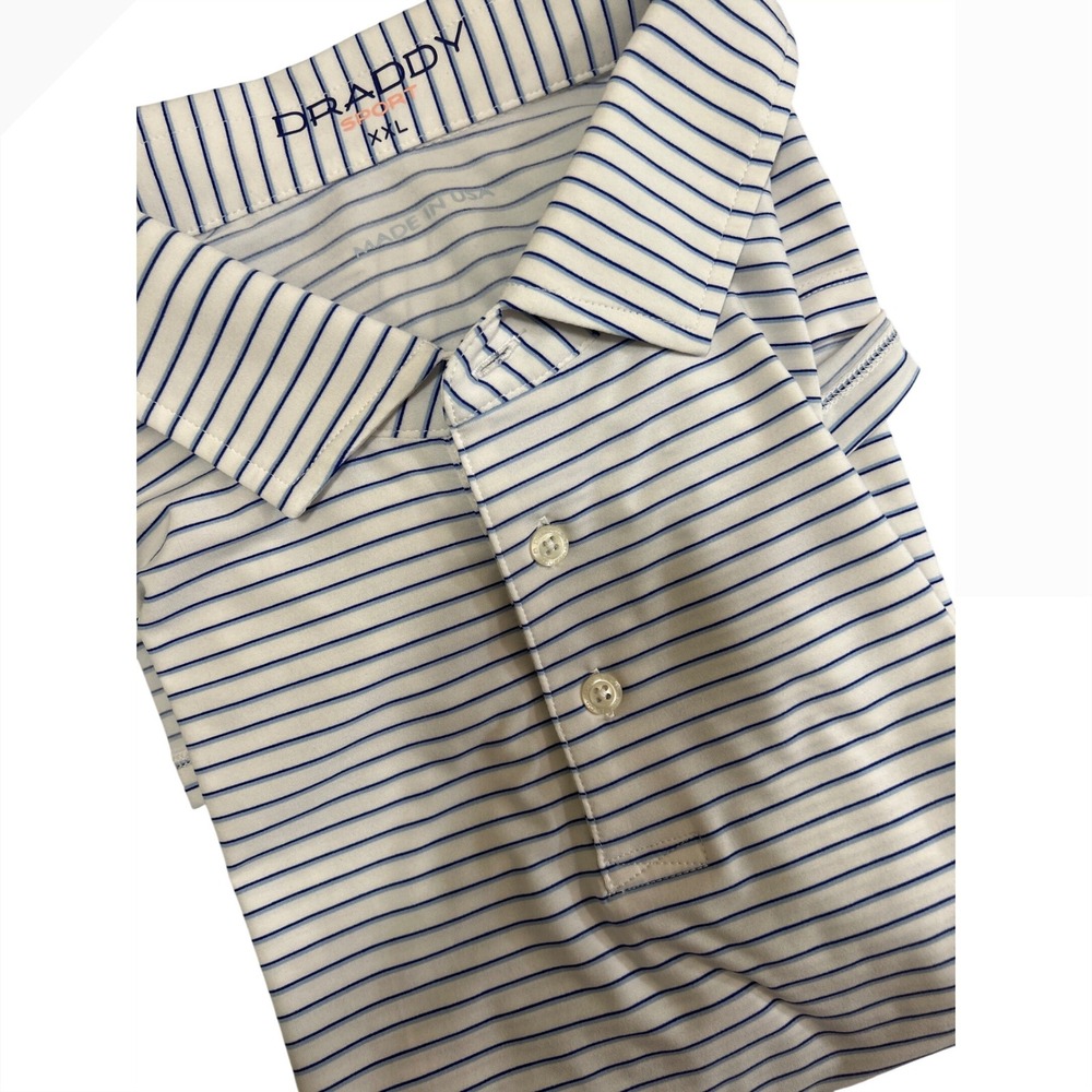 B. Draddy Sport Mens XXL Striped Golf Polo Shirt Blue White Made in USA Stretch